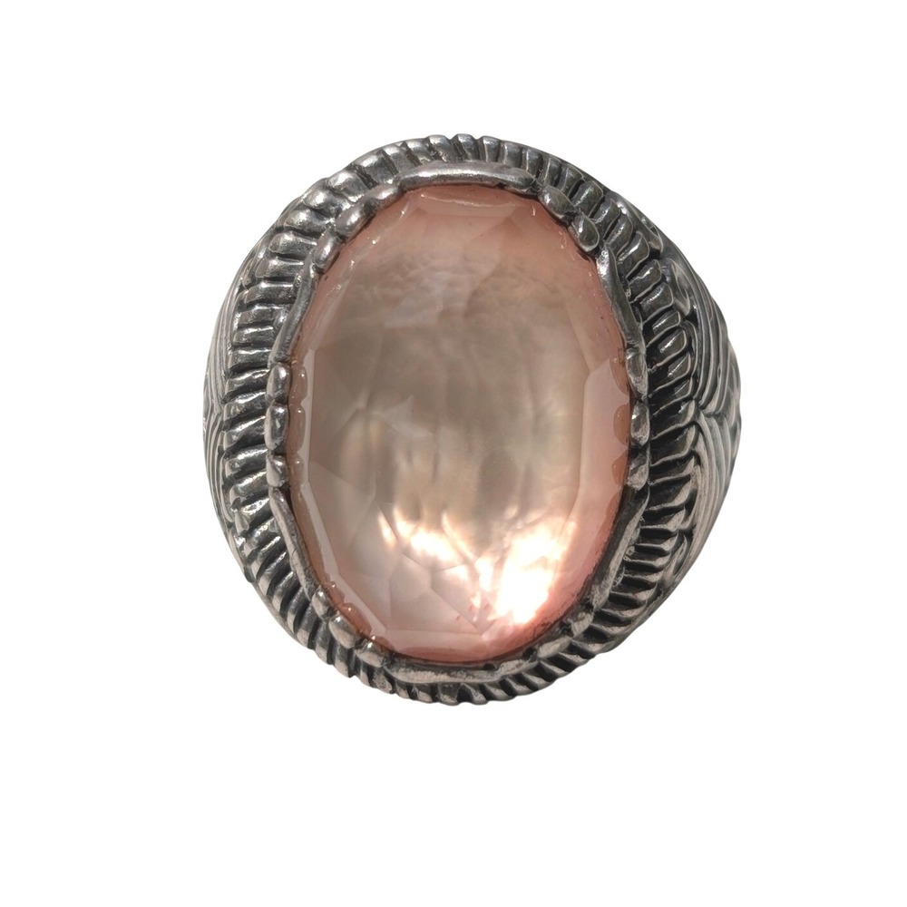 Sarda 925 Sterling Silver Ornate Filigree Peach Gemstone Statement Ring Size 7‎